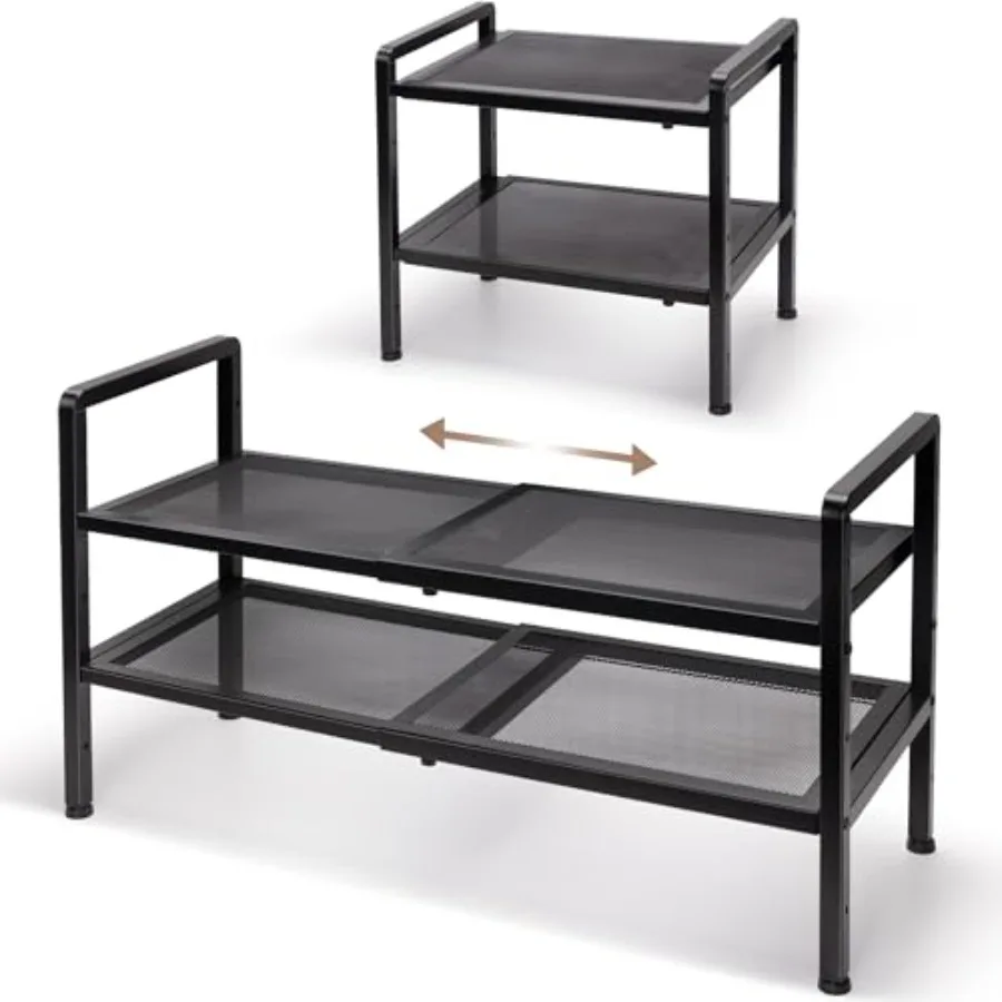 

Expandable Shoe Rack for Entryway, 2-Tier Adjustable Shoe Organizer, Sturdy Black Metal Storage Shelf for Closet, Apartment, Do