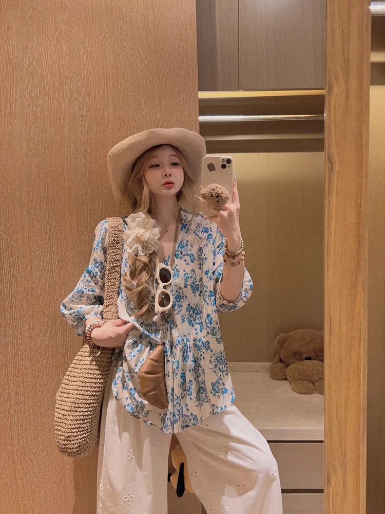 

Женская летняя свободная тонкая блузка Yukiss Vintage Floral Doll с рукавами-фонариками, защитой от солнца, рукавами 3/4, из смесового хлопка