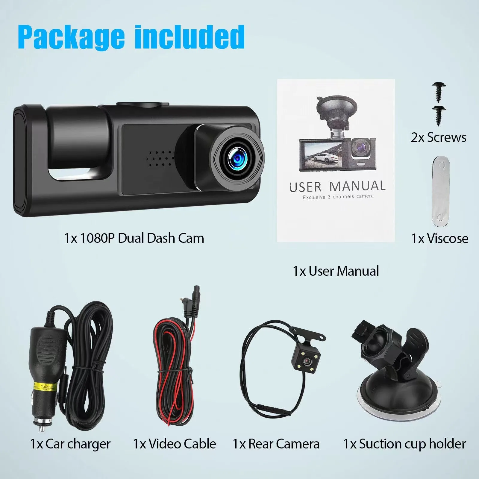 2 Inch Screen 1080P HD Triple Lens Dash Cam Front Rear Inside Simultaneous Display Backup Reverse Camera WiFi Car DVR