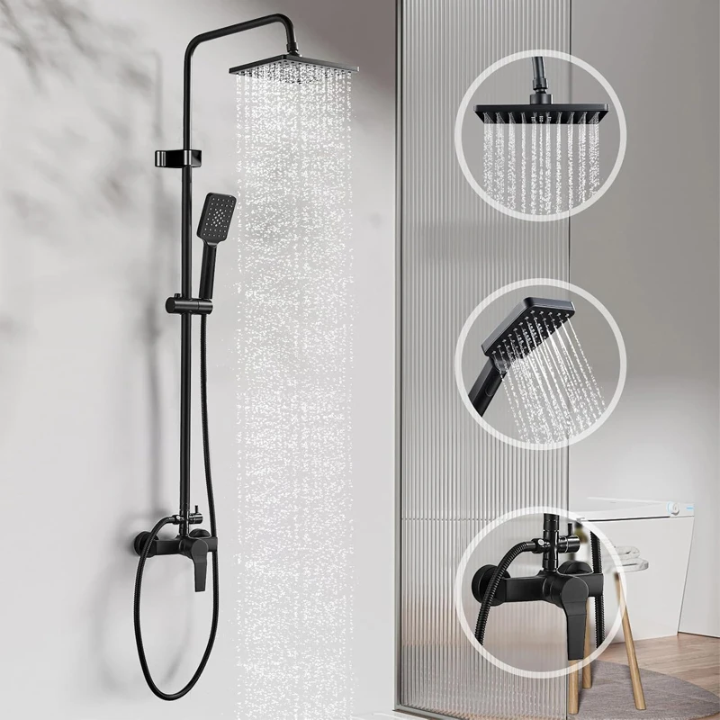 Full copper three-speed black enameled shower faucet set with European style bathroom liftable large shower head rain shower spr