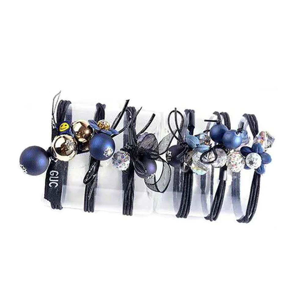 6Pcs/Set Flower Ball Crystal Ribbon Hair Bands Ring Women Girl Elegant Elastic Ponytail Holders Scrunchies Females Hair Ropes