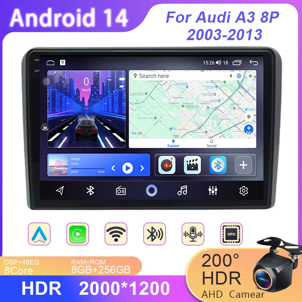 

Android 14 Car Radio For Audi A3 8P 2003-2013 Multimedia Player GPS Navigation Audio Stereo Carplay 360 4G wifi no 2 din 2 din