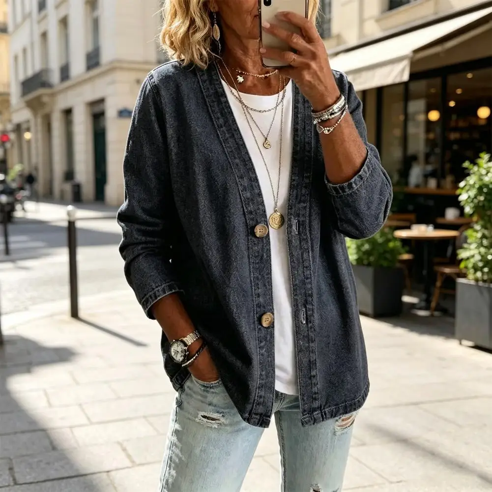 Retro Style Women Jacket, Flexible Fit V Neck Long Sleeve Casual Coat, Stylish Vintage Loose Fit Imitation Jeans Cardigan