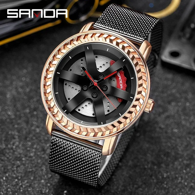 SANDA P1050 2023 Waterproof Stainless Strap Vacuum Plating Car Wheel Rim Hub Sport  Luminous Wristwatch Men Watch Reloj Hombre