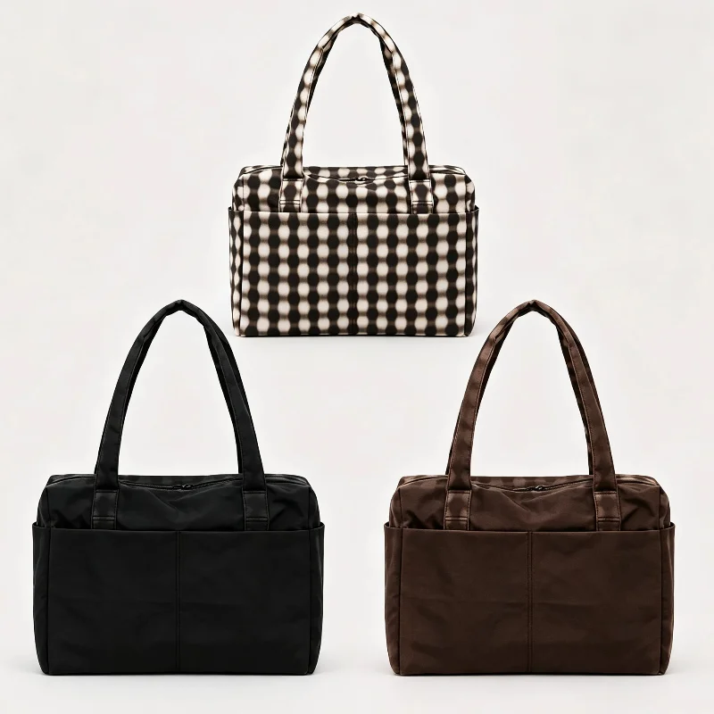 Large Capacity Nylon Travel Handbag, European American Retro Women's Multi-pocket Zippered Shoulder Bag Gym Shopping Tote Bag