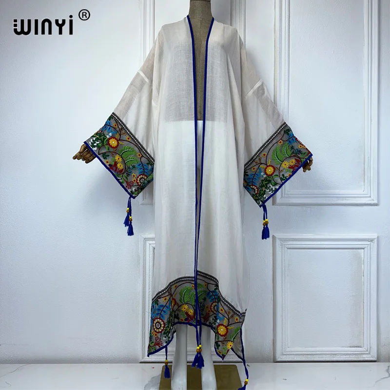 

WINYI Summer Sexy See Through Embroidered Long Kimono stitch Beachwear Women Middle East Muslim abaya dubai luxury Kaftan