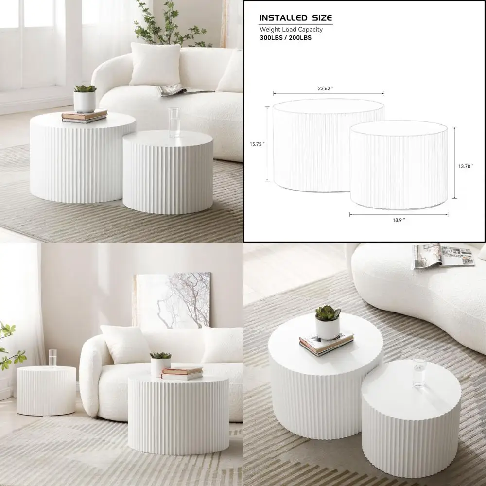 モダンな白い丸いネストコーヒーテーブルセット（狭いスペース向け）- リビングルーム用アクセント家具