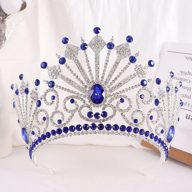 

Baroque Silvercolor Blue Crown Hair Accessories Luxury Big Crystal Tiara For Women Wedding Headdress Bridal Pageant Hair Jewelry