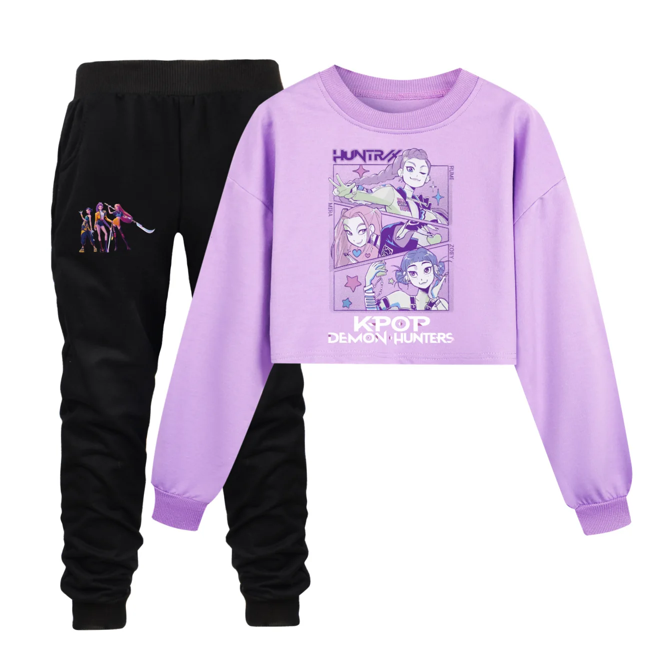

Повседневная свободная толстовка с половиной талии KPop Demon Hunters + брюки, костюм, детский комплект, модный корейский осенний спортивный костюм из 2 предметов для девочек и мальчиков
