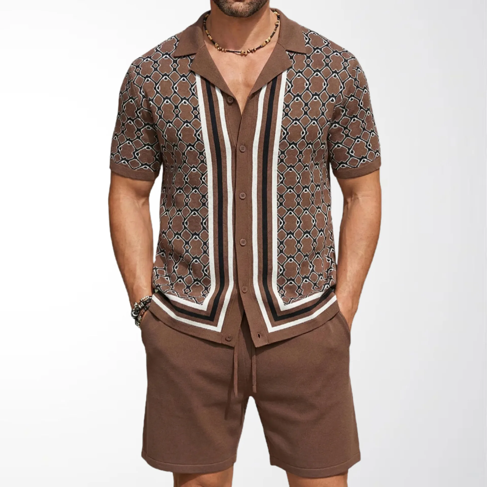 

American European Style New Fashion Summer Men's Casual Trendy Loose Cuban Collar Short Sleeve Knee Length Shorts 2 Pieces Sets