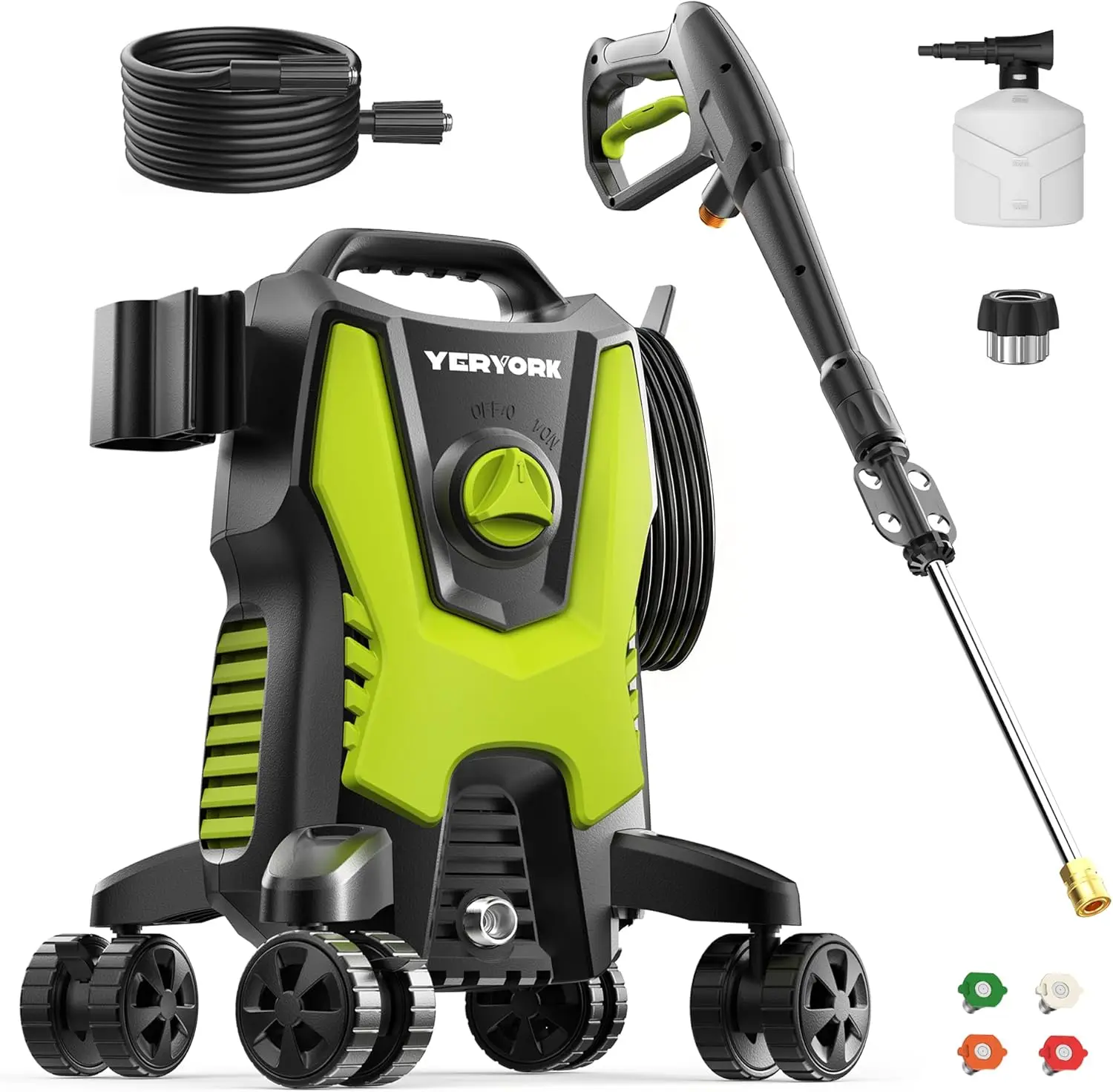 Pressure Washer with 4 Lockable Wheels, Steel Wand, 4 Quick Connect Nozzles, 500ml Foam Cannon for Cars/Decks/Driveways
