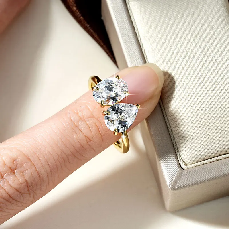 Lnngy 7 x 9 mm ovaler/birnenförmiger klarer Zirkon-Ring, exquisites Design mit zwei Steinen, verstellbare Ringe für Frauen, 2026 Trend-Schmuck, Geschenk – Detail 7