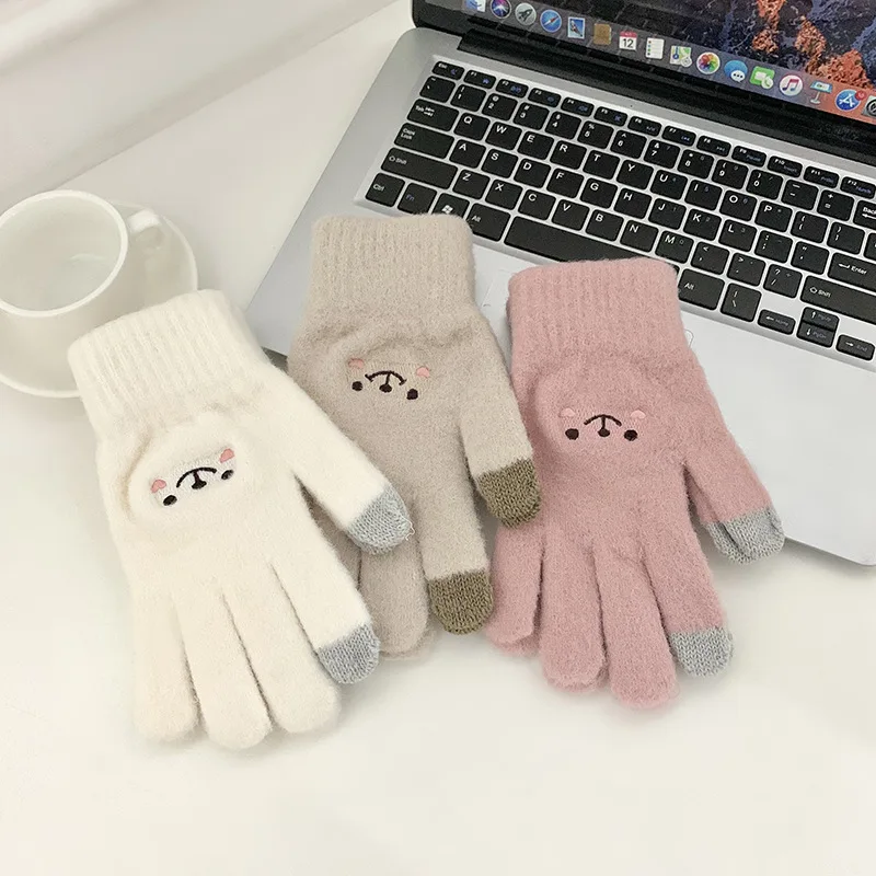 Gants tricotés en laine pour femmes, gants en coton doux, dessin animé mignon, ours souriant brodé, écran tactile, Kawaii, chaud, femme, automne,