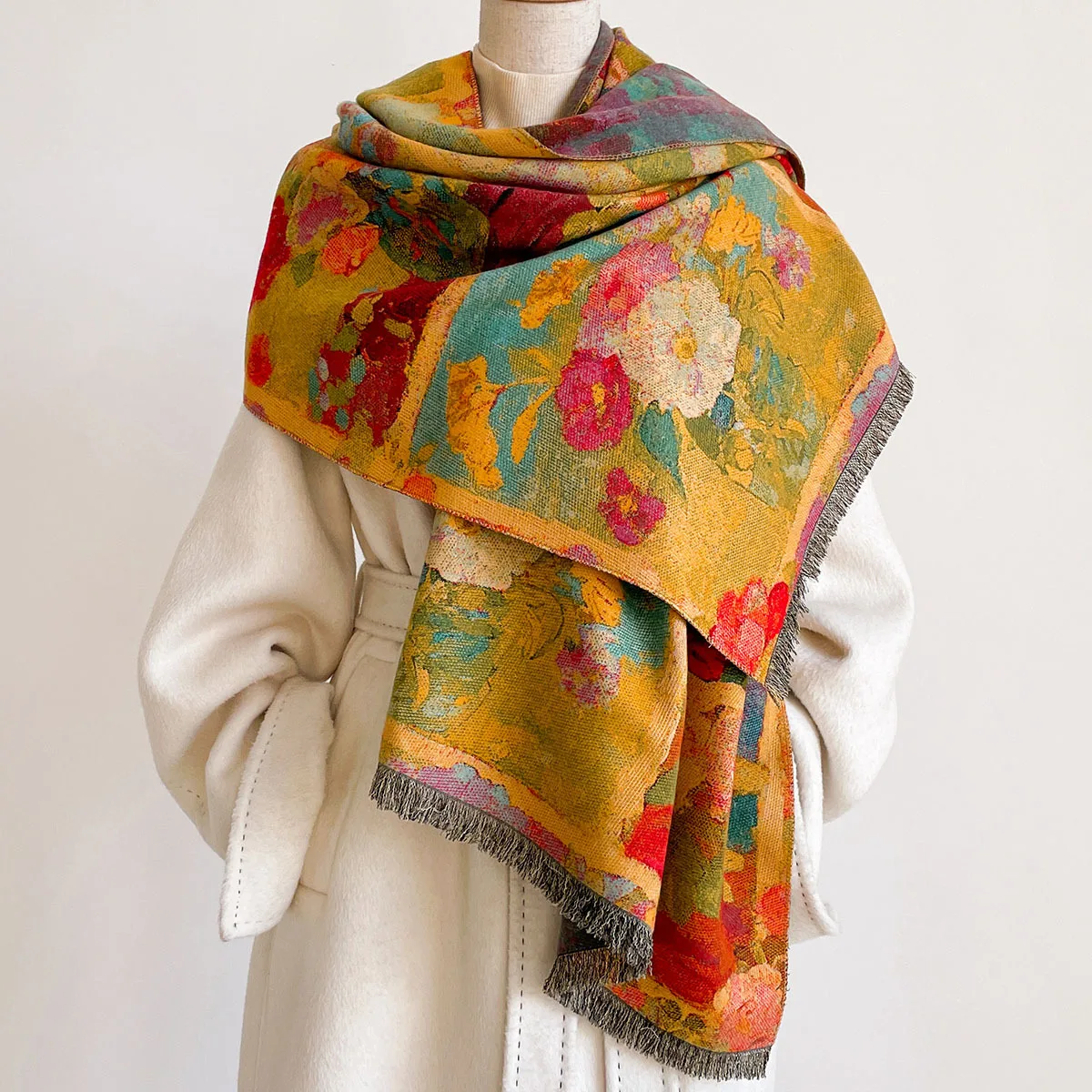 Oil Painting Scarf Autumn Winter Thick Warm Scarves  Ladies Faux Cashmere Poncho New Large Size Shawl Wrap Essential Daily Wear