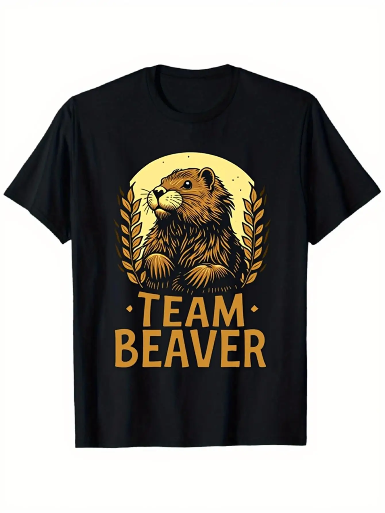 Vintage Men's Black Graphic T-Shirt Beaver Team Slogan Wildlife Animal Laurel Wreath Moon Retro Graphic 100% Cotton Heavyweight Short Sleeve Casual Streetwear Tee