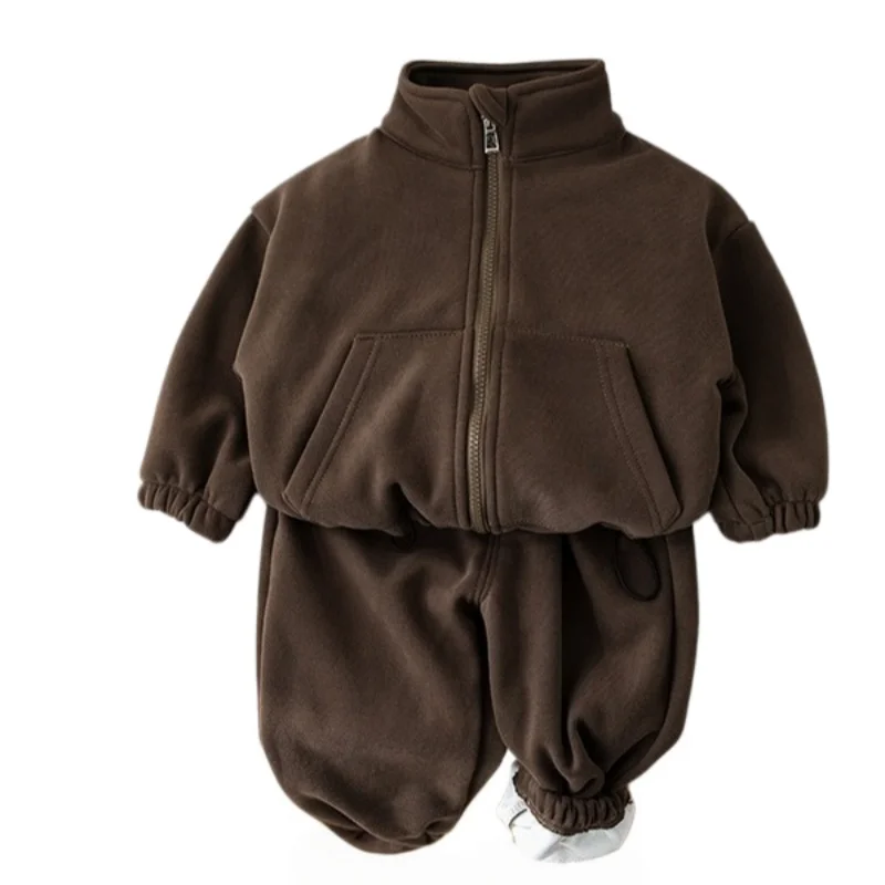 Winter Autumn Children Sports Suit Outwear Warm Kids Thicken Clothes Set Boys and Girls Solid Overcoat +Pants 2pcs