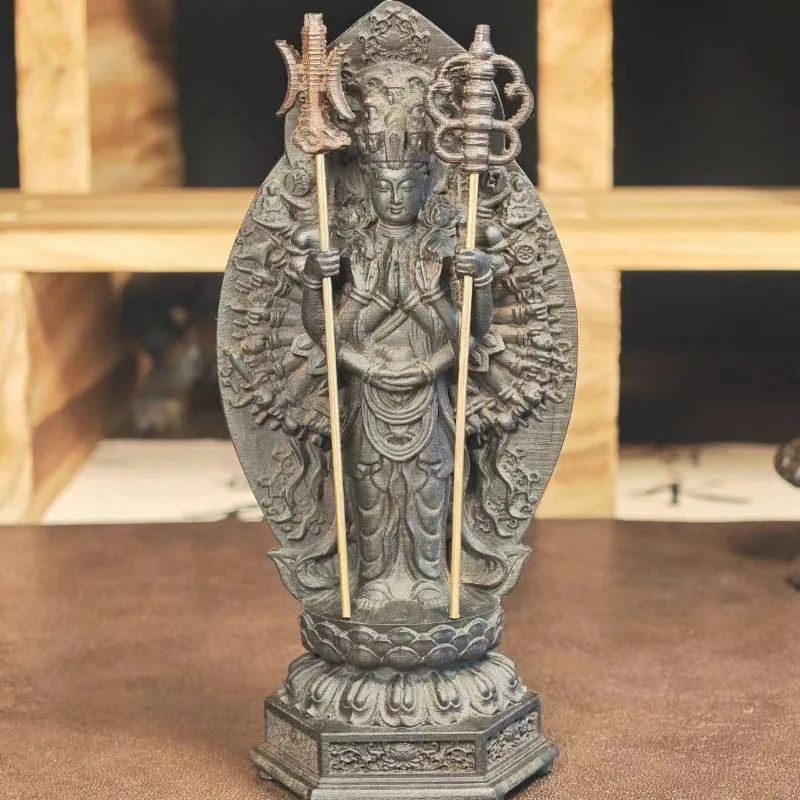 Hand-Carved Wood Thousand-Hand Guan Yin Statue - 5.5