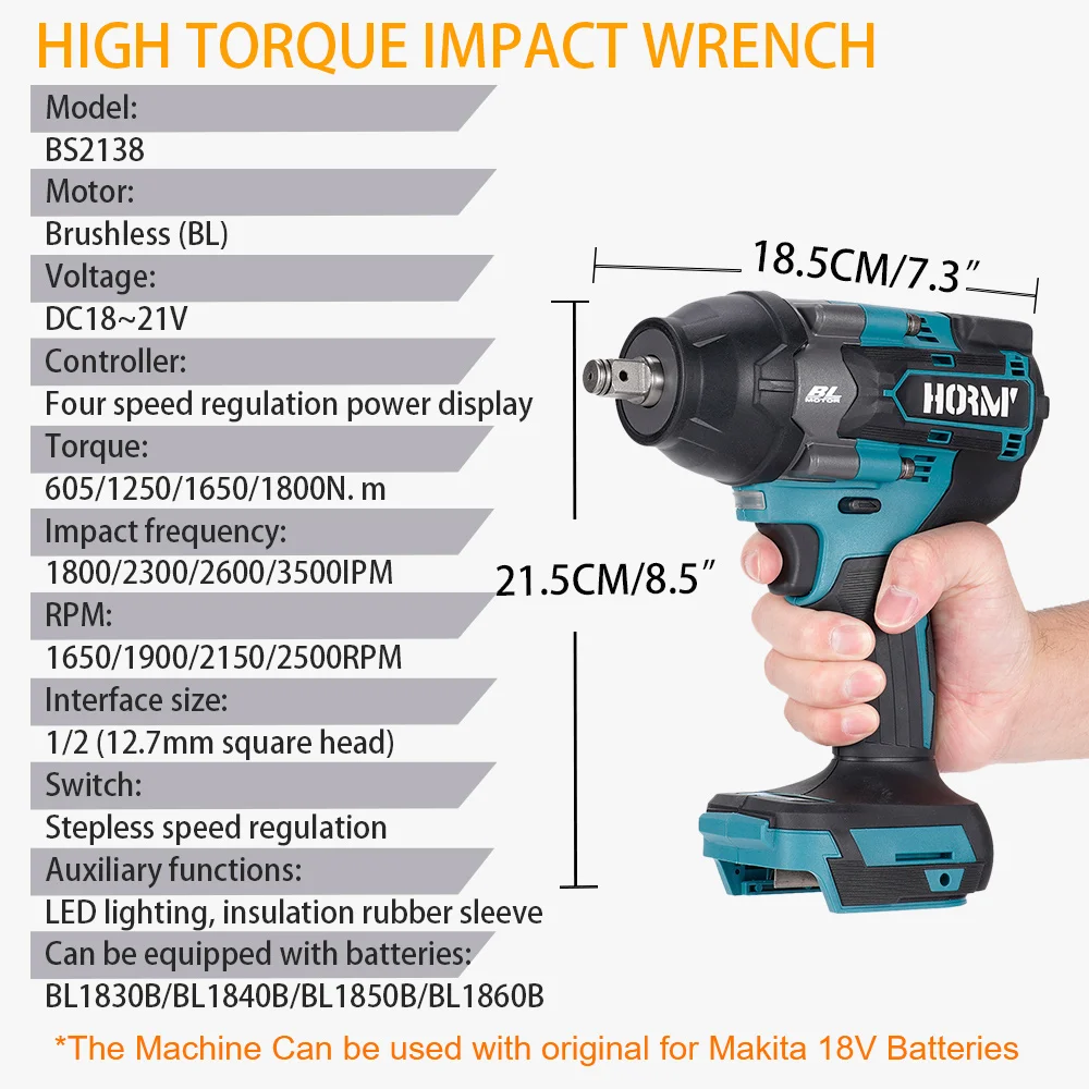 Hormy Brushless Cordless Electric Impact Wrench 1800N.M Torque 1/2\'\' Electric Screwdriver Power Tool For Makita 18V Battery