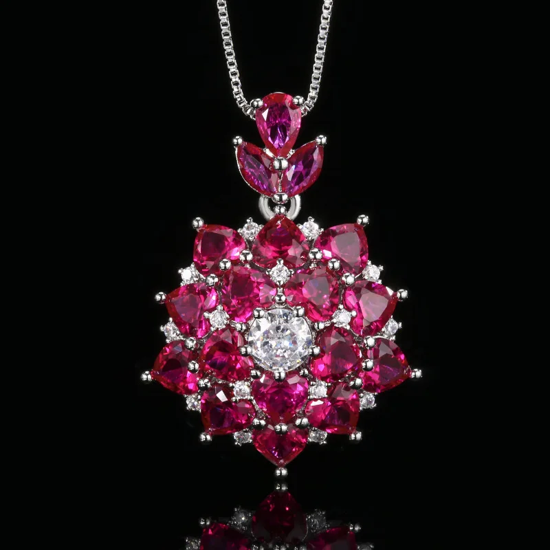 Luxury Ruby Red Flower Zircon Jewelry Adjustable Ring Necklace Earring for Women Wedding Party Bridal Statement Accessories Gift