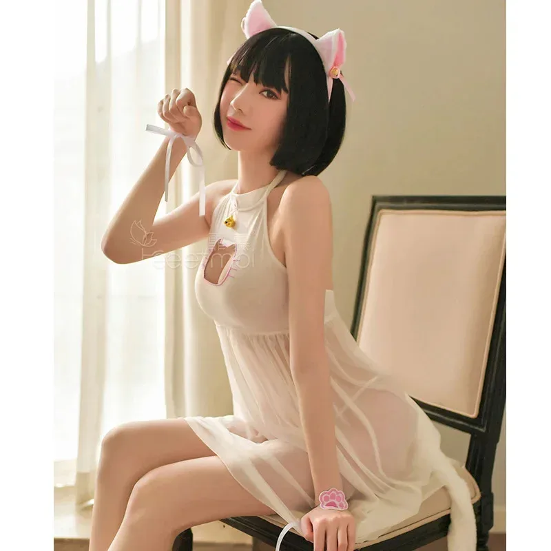 Vestido de sirvienta de gato bonito para niña, pijama, uniforme Kawaii Neko, disfraz de Cosplay con pata de gato, ropa de dormir con pecho calado, envío directo