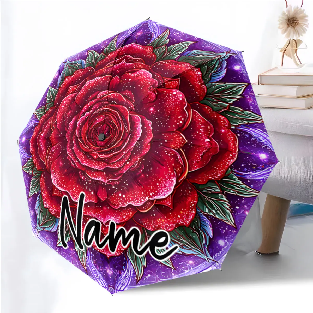 Custom Name Umbrella Floral Umbrella Art with Personalized Text Print 8 Iron Ribs Folding Umbrella Auto-Open Fashion Sunshade