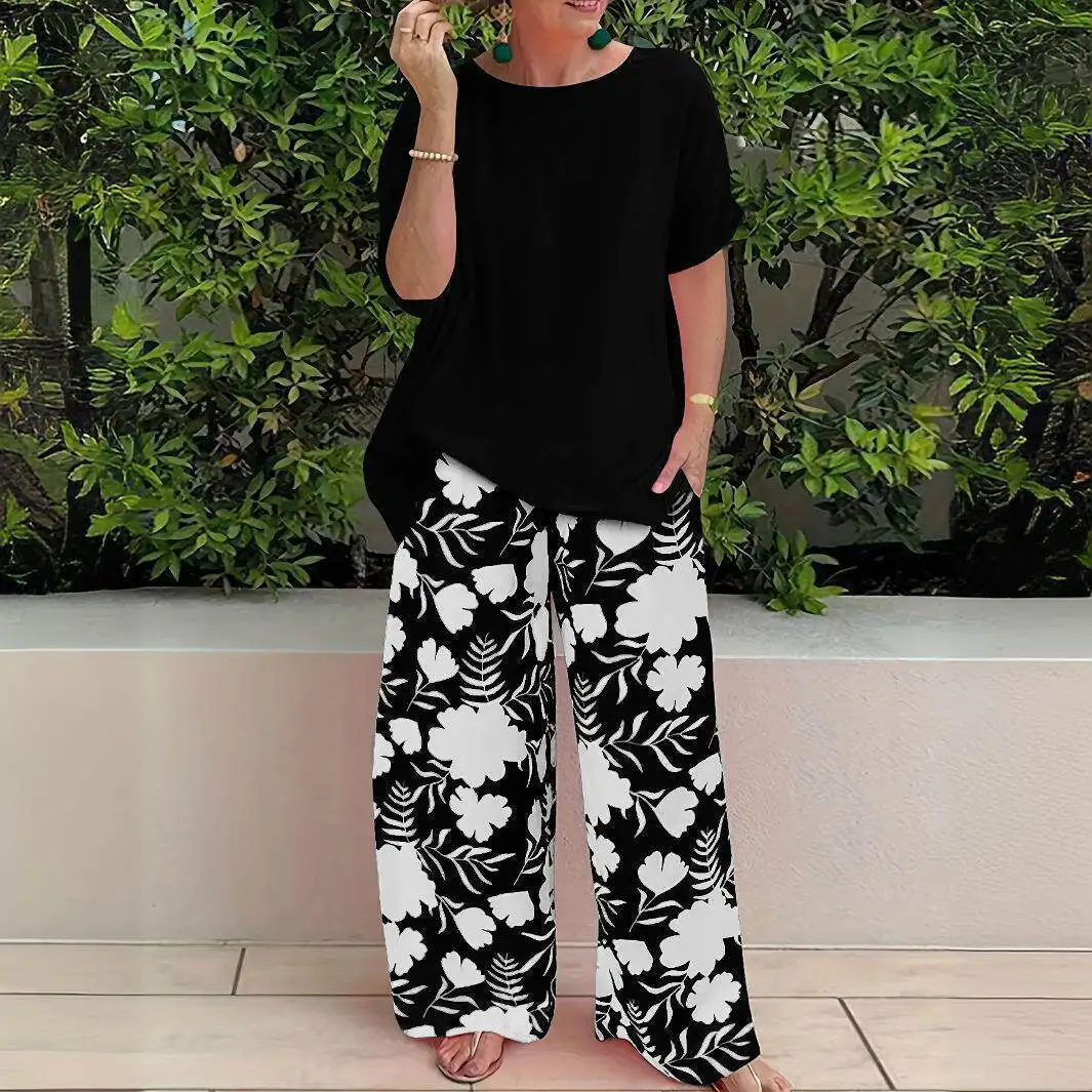 Fashionable Loose Printed Pants Set Casual Wear Women's Summer Clothing 2025 Cross-Border Style Low Waist PVC Fabric
