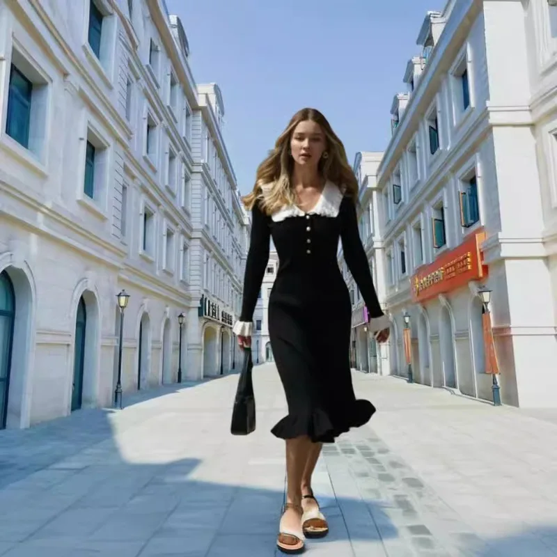 Elegant Sweet Autumn Women Knitted Corset Ruffle Dress Office Lady Celebrity Vintage Y2K Lapel Ribbed Button Slim Bodycon Dress