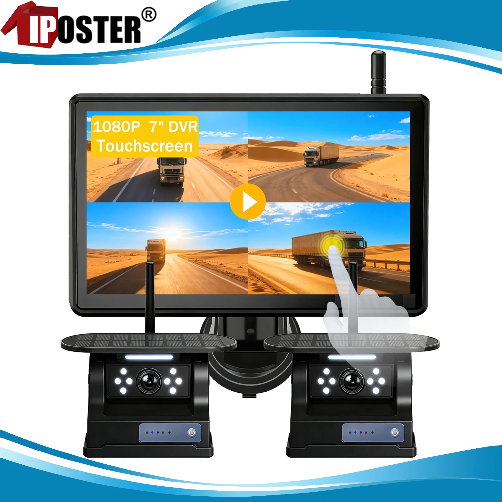 

iPoster Wireless 7" Blind Spot BSD AI Quad Monitor DVR Loop Recording 1/2x Solar Backup Camera For Truck Camper Caravan Rv