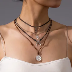 Vintage leather rope woven life tree crescent alloy pendant with multiple layers for women's necklace
