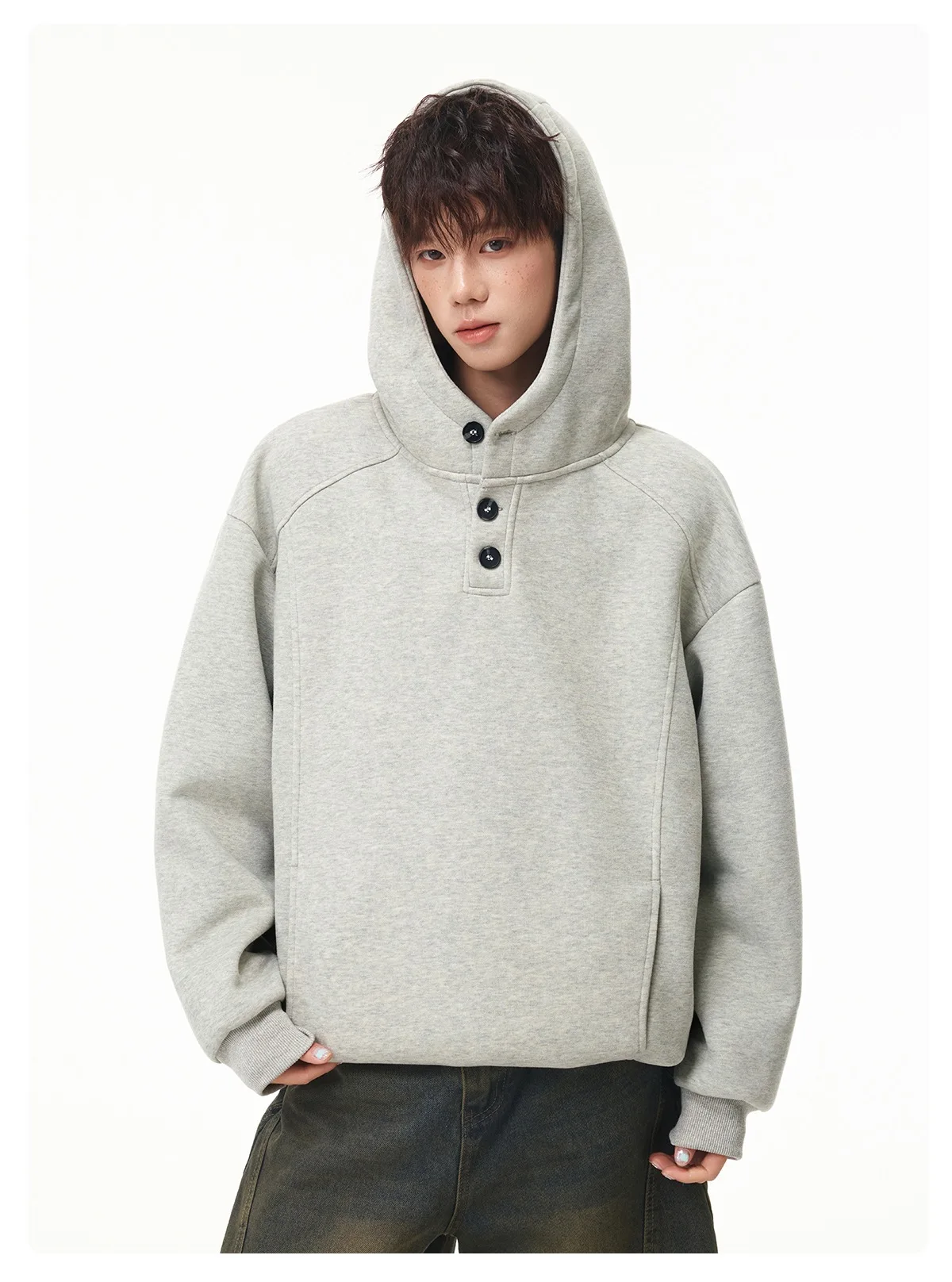 Autumn Winter New Button Half High Neck Hoodie for Men Korean Fashion Harajuku Simple Solid Men's Casual Loose Hooded Sweatshirt