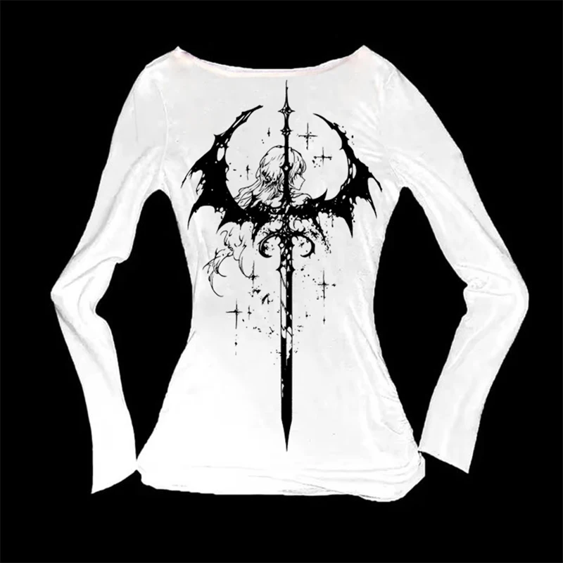 Korean Y2K hip-hop style autumn and winter new printed women's T-shirt top, simple daily style, slim fit and show figure