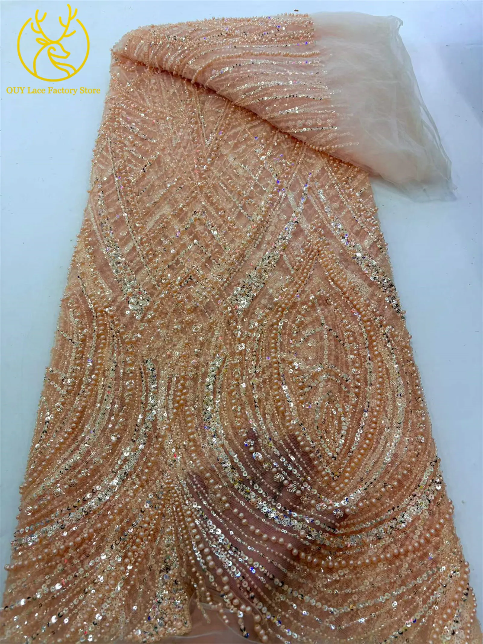 Afrikanischer Perlenstickerei-Spitzenstoff, 5 Yards, hochwertiger, eleganter Pailletten-Spitzenstoff, grün, nigerianisch, für Hochzeits- und Abendkleider – Detail 16