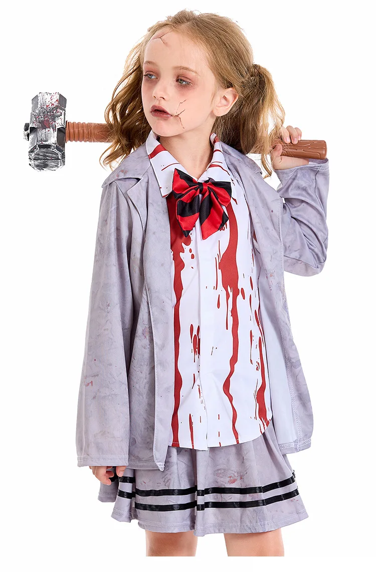 

Children Halloween Cosplay Zombie Vampire Scary Bloody Dress Gray Shirt School Uniform Girl Skirt Boy Pants Costume for Kids
