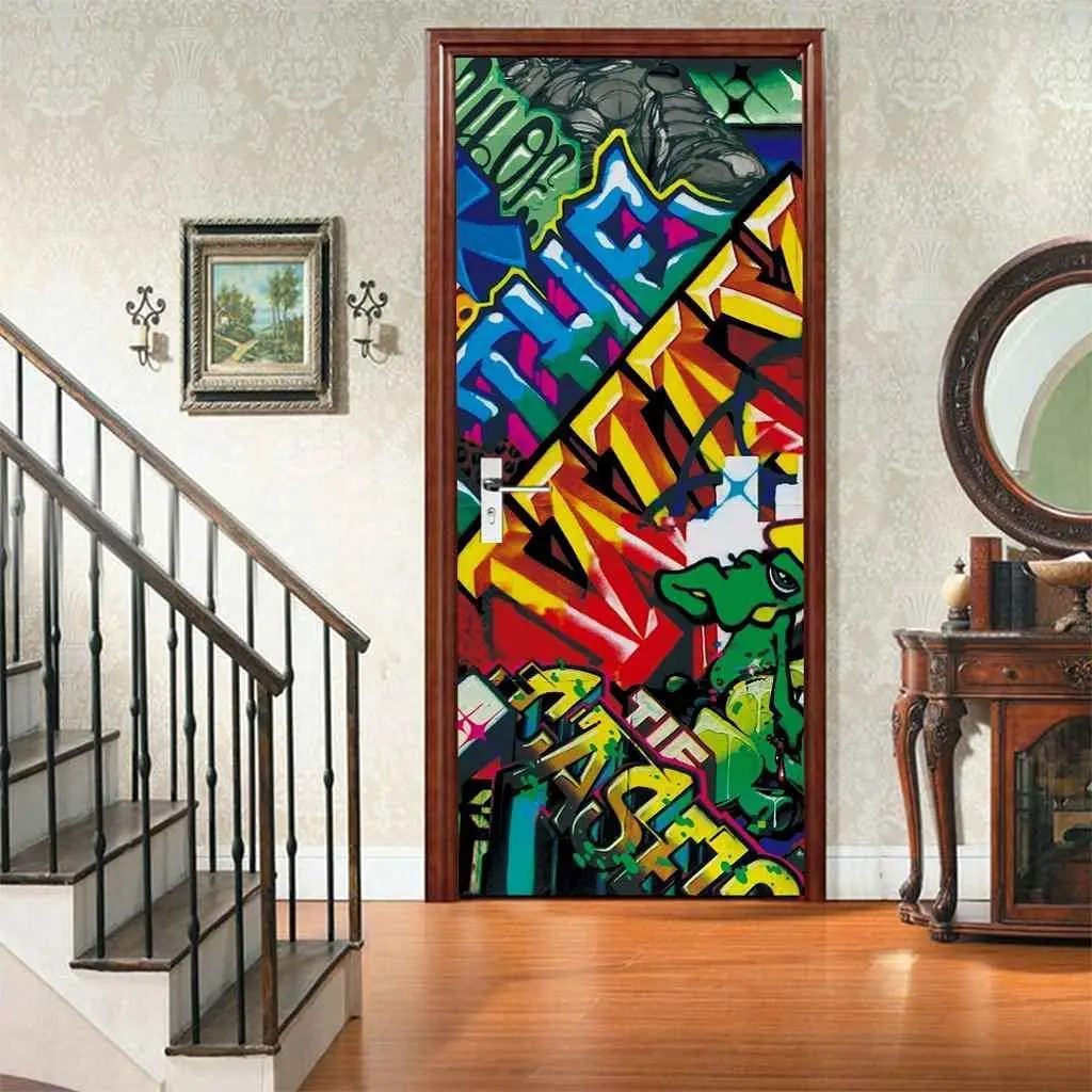 Colorful Graffiti Door Sticker Street Mural Art Door Decal Removable Hip Hop Hippie Style Poster Wallpaper Home Bedroom Decor