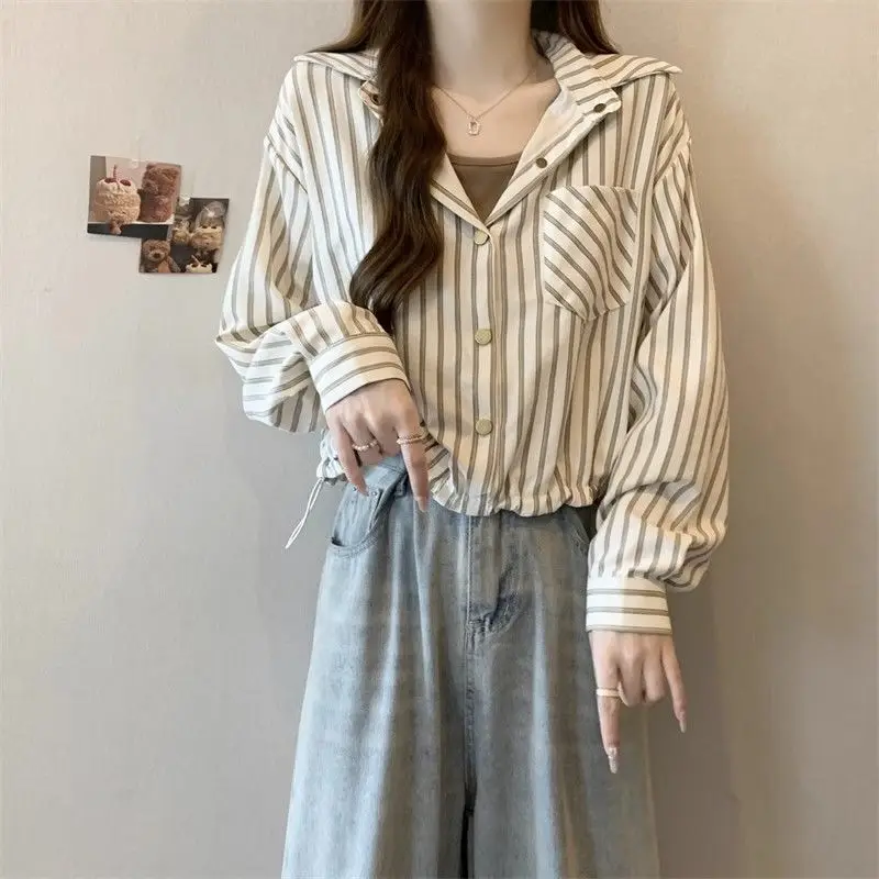 Camisas de manga larga fruncidas a rayas para mujer, blusa informal para primavera y otoño, Tops de Joker diarios coreanos a la moda para mujer 2025