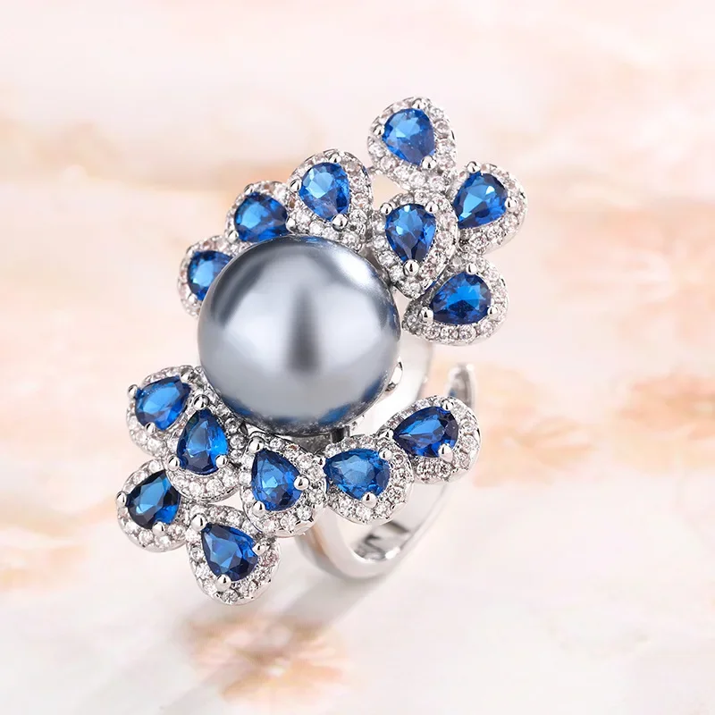 Fall New Arrivals Adjustable Pearl Sapphire Flower Shaped Ring Women Blue Petals with White Gray Pearls Elegant Design Jewelry