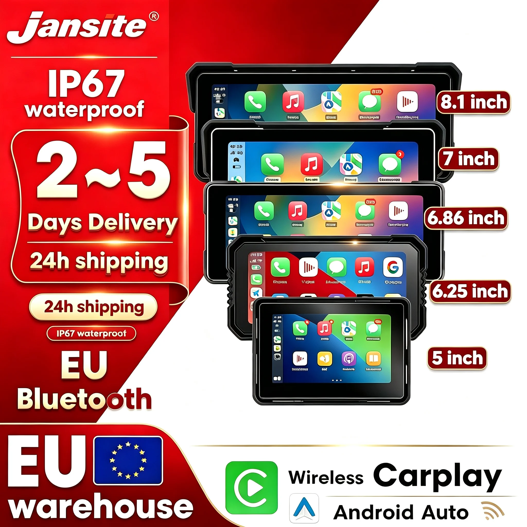 Jansite, schermo portatile per moto da 5/6,25/6,86/7/8,1 pollici, con CarPlay wireless, Android Auto, resistenza all’acqua IPX7, touchscreen e sistema di navigazione GPS per moto.