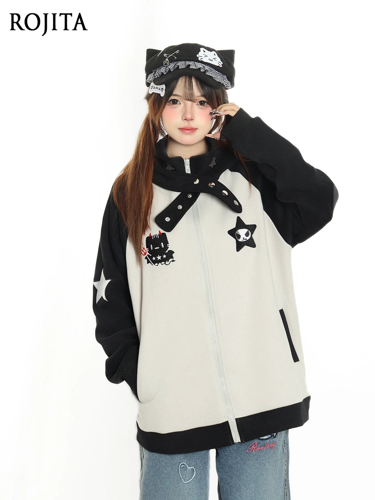 Original Sweet Cool Cat Star Embroidery Color Block Jacket Design Loose Cardigan Sweatshirt for Women Hoodies Women