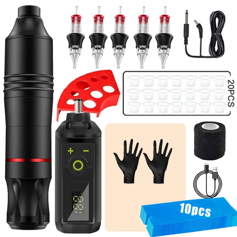 

Wireless Tattoo Kit Cartridge Tattoo Machine Pen with Cartridge Needles Practice Skin Gloves Set for Permanent Makeup Tattoo Kit