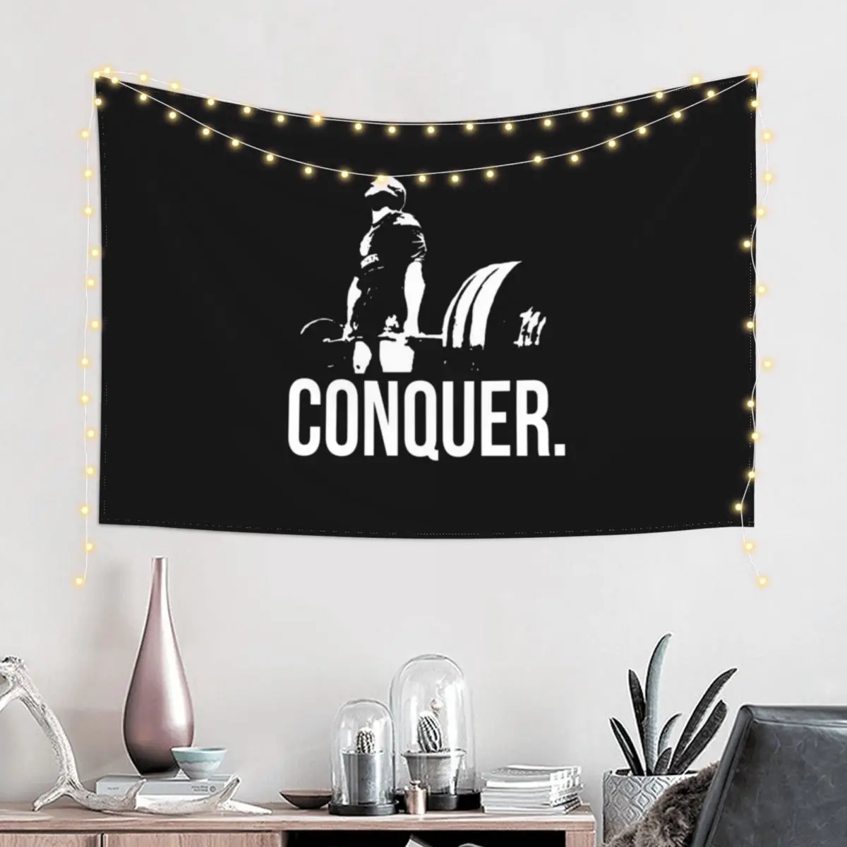 CONQUER - Powerlifting Motivation - Deadlift Tapestry Aesthetic Room Decorations Home Decorators Tapestry