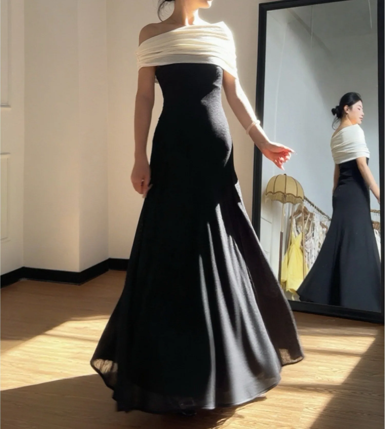 فستان أسود برقبة مائلة للنساء أنيق للربيع ماكسي فيستدوس ضيق للحفلات المسائية ملابس طويلة للسيدات للصيف