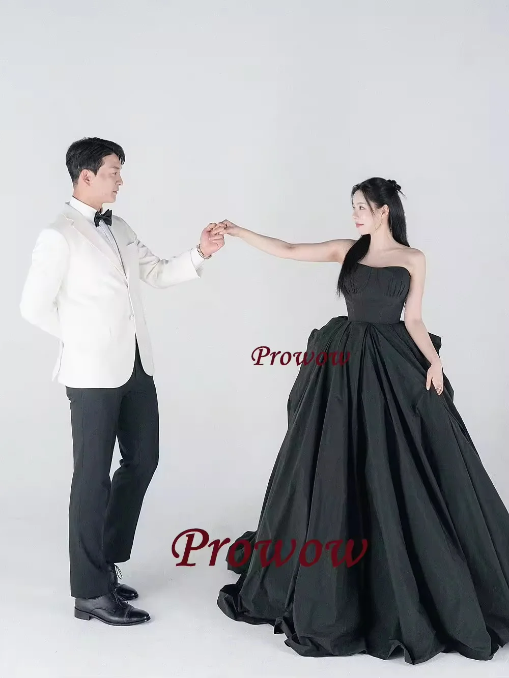 

Prowow Simple Black A Line Korea Wedding Photoshoot Dresses Pleats Taffeta Strapless Prom Gowns Customized Corset Floor Length