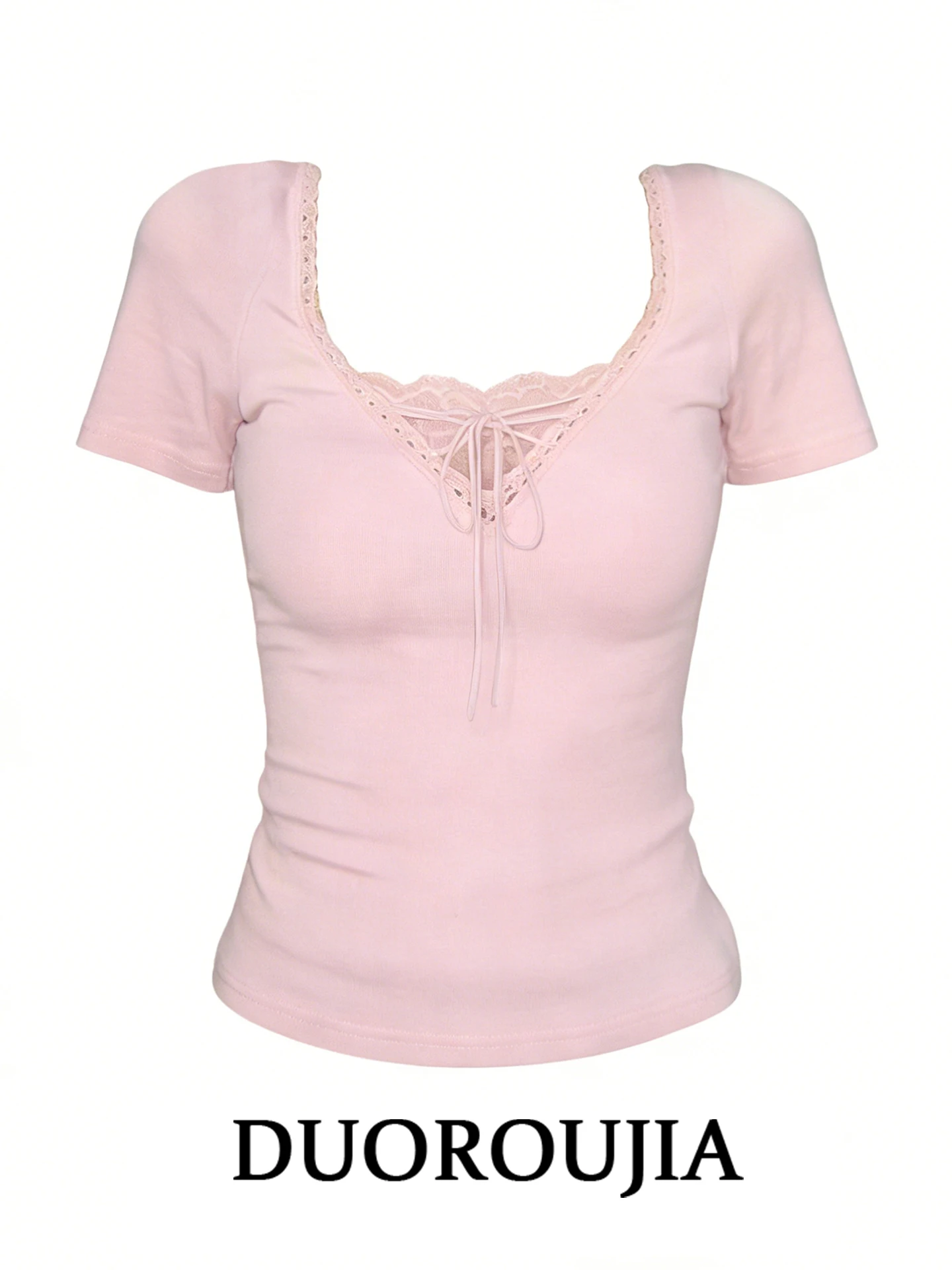 

Sweet Style Short Sleeve T-Shirt Women's plus Size V-Neck Lace Splicing Breathable Summer Top Pink Ballet Style Girl's Shirt