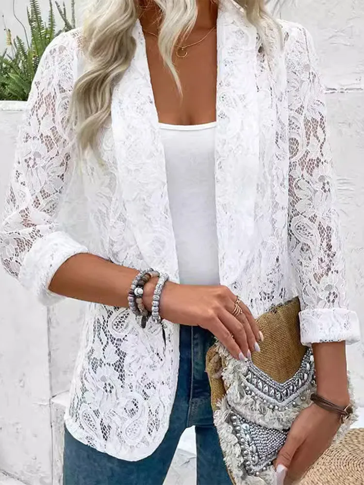 White Lace Hollow Out Floral Thin Sunscreen Suit Coats Fashion Elegant Women Turn Down Neck Tops 2025 Spring New Shawl Jacket