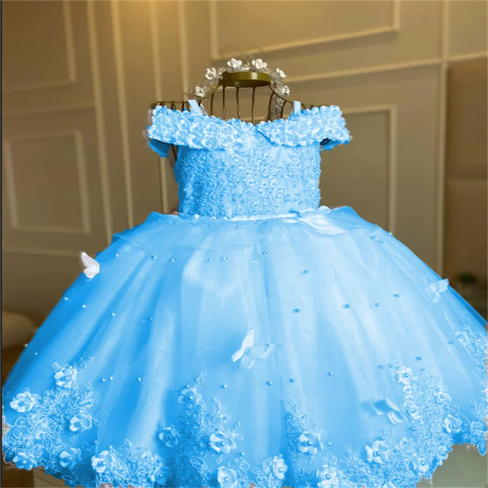 

Pearls Sky Blue Flower Girl Dress For Wedding 3D Butterfly Sleeveless With Bow Birthday Party Kids Christmas Princess Ball Gown