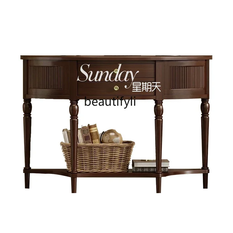 

D80 American solid wood semicircular entrance cabinet retro French small side cabinet corridor entrance platform