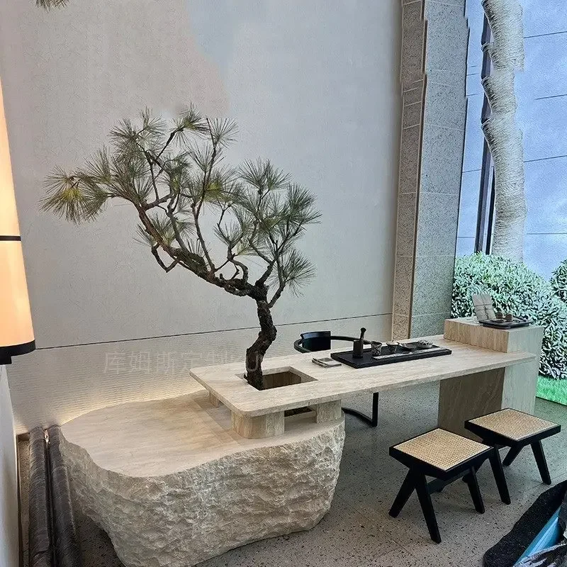 Wabi-sabi style natural travertine coffee table villa living room light luxury retro special-shaped tea table