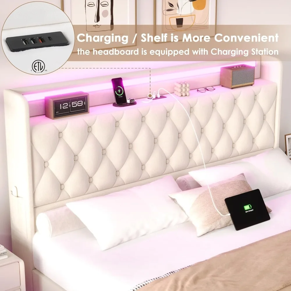 Floating Bed Frame Queen Size Platform with LED Lights, USB Charging Station Headboard Modern Upholstered Velvet Fabric Bed image 4