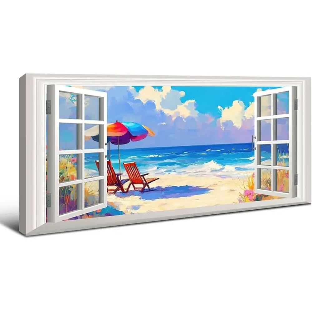 

Пляжная картина на холсте 48x24 дюйма, большой декор для гостиной в стиле белого окна, картина с океаном для спальни, тропическая картина с океаном, летний декор для дома