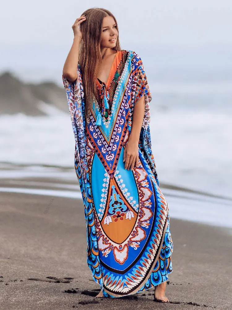 2023 Bohemian Printed Summer Holiday Dress Blue Tunic Women Beach Wear Kaftan V-Neck Bats Sleeve Maxi Dress Robe Q956